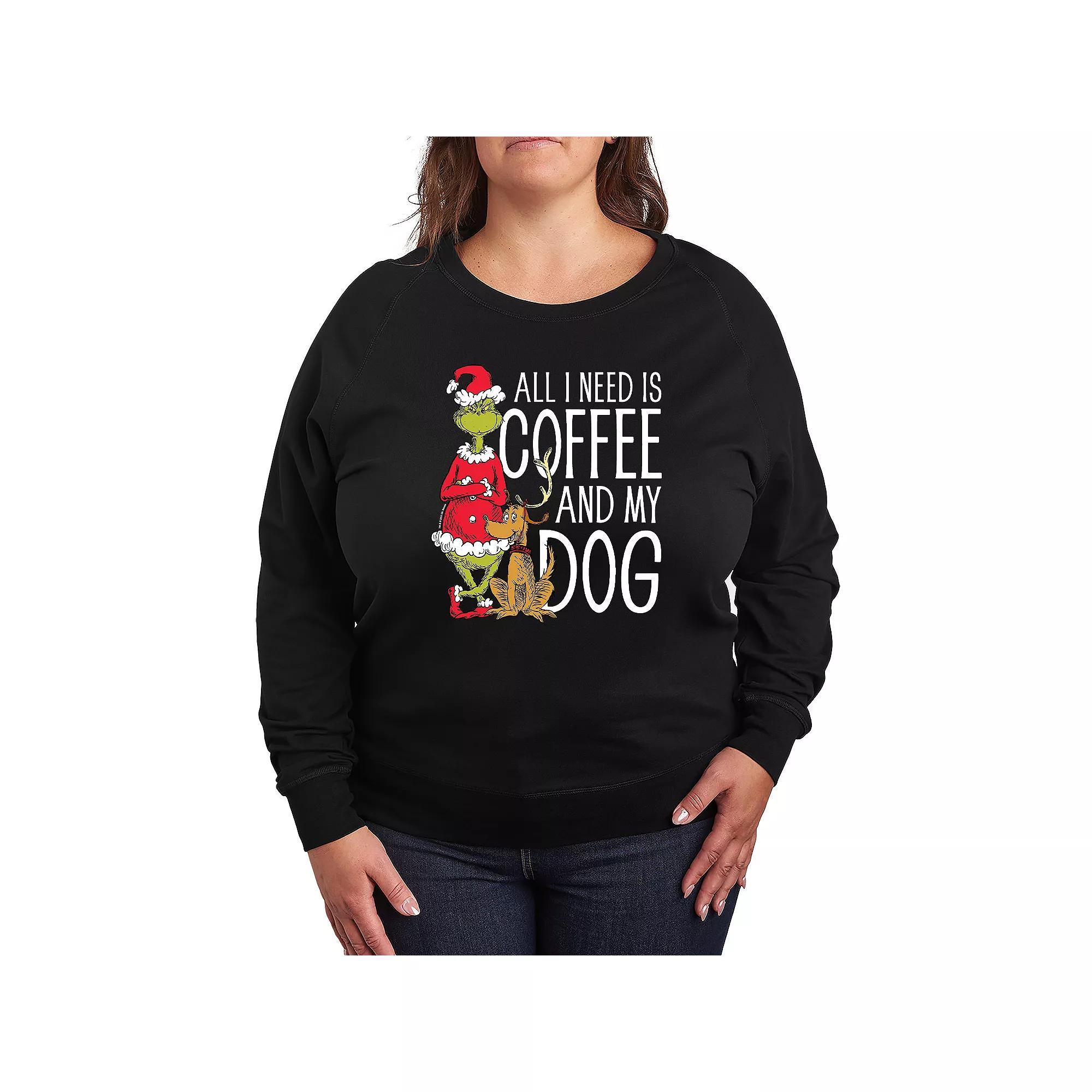 Plus Size Dr. Seuss Grinch All I Need Is Coffee French Terry Long Sleeve Tee, Women's, Size: 2XL, Black Product Image
