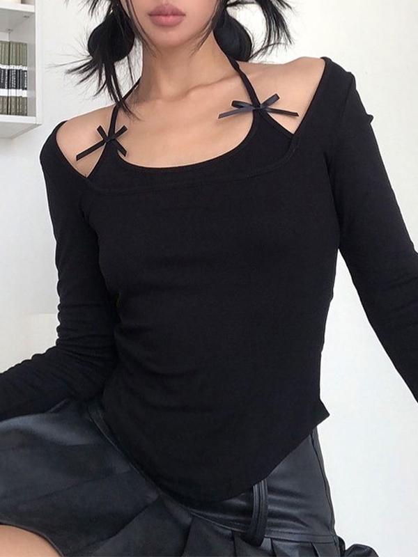 Solid Halter Bow Decor Long Sleeve Tee Product Image