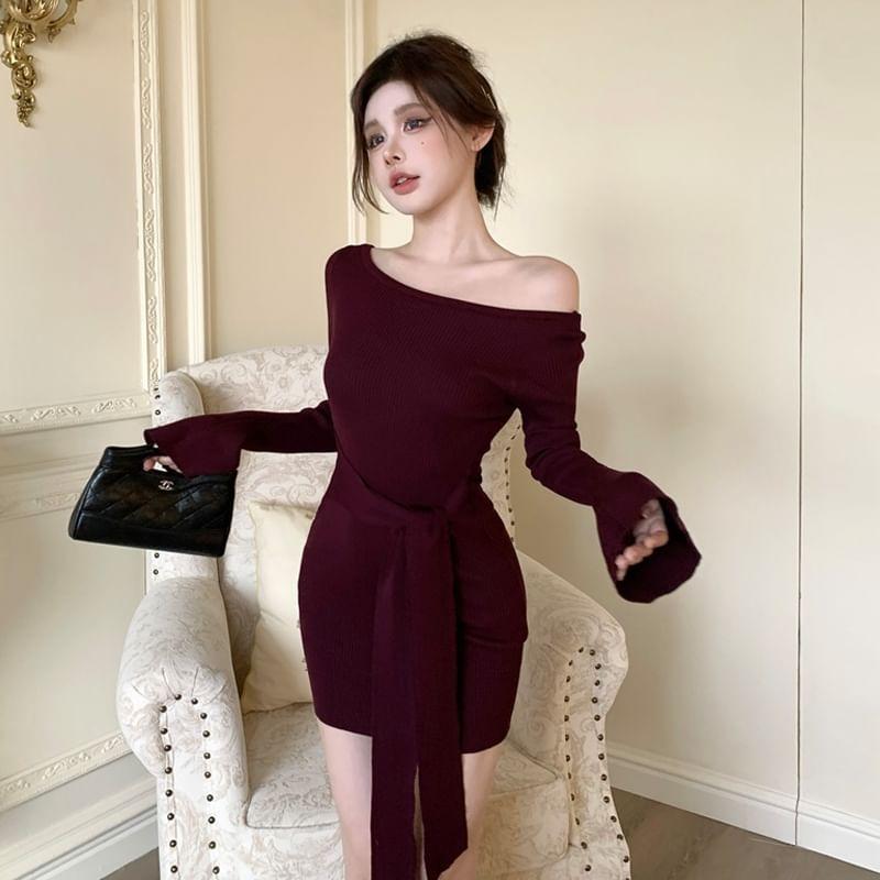 Long Sleeve Off Shoulder Plain Tie Waist Bodycon Mini Dress Product Image