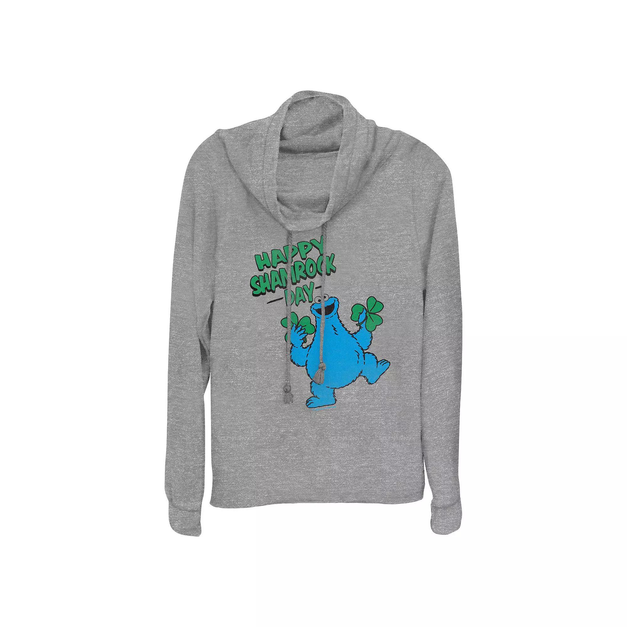Women's PBS Kids Sesame Street Cookie Monster Happy Shamrock Day Cowlneck Graphic Lightweight Long Sleeve,  Product Image