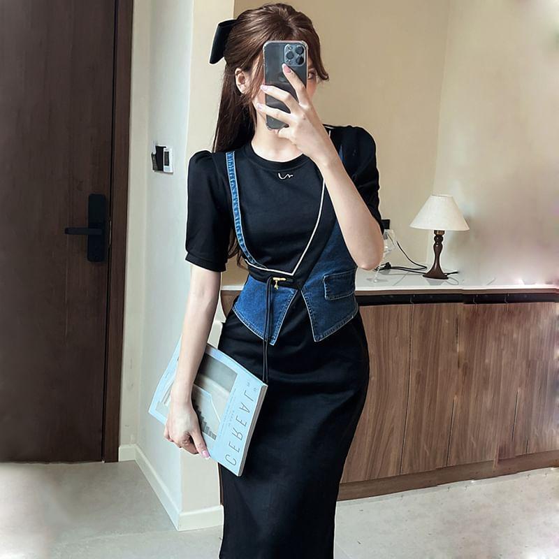 Mock Two-Piece Short-Sleeve Denim Panel Midi Sheath Dress Product Image