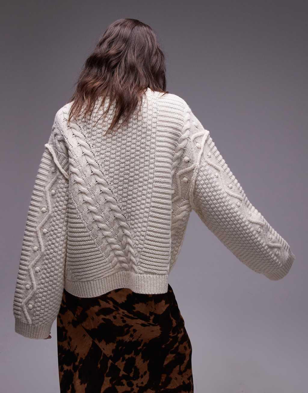 Topshop knitted premium 100% wool oversized cable sweater in ivory Product Image