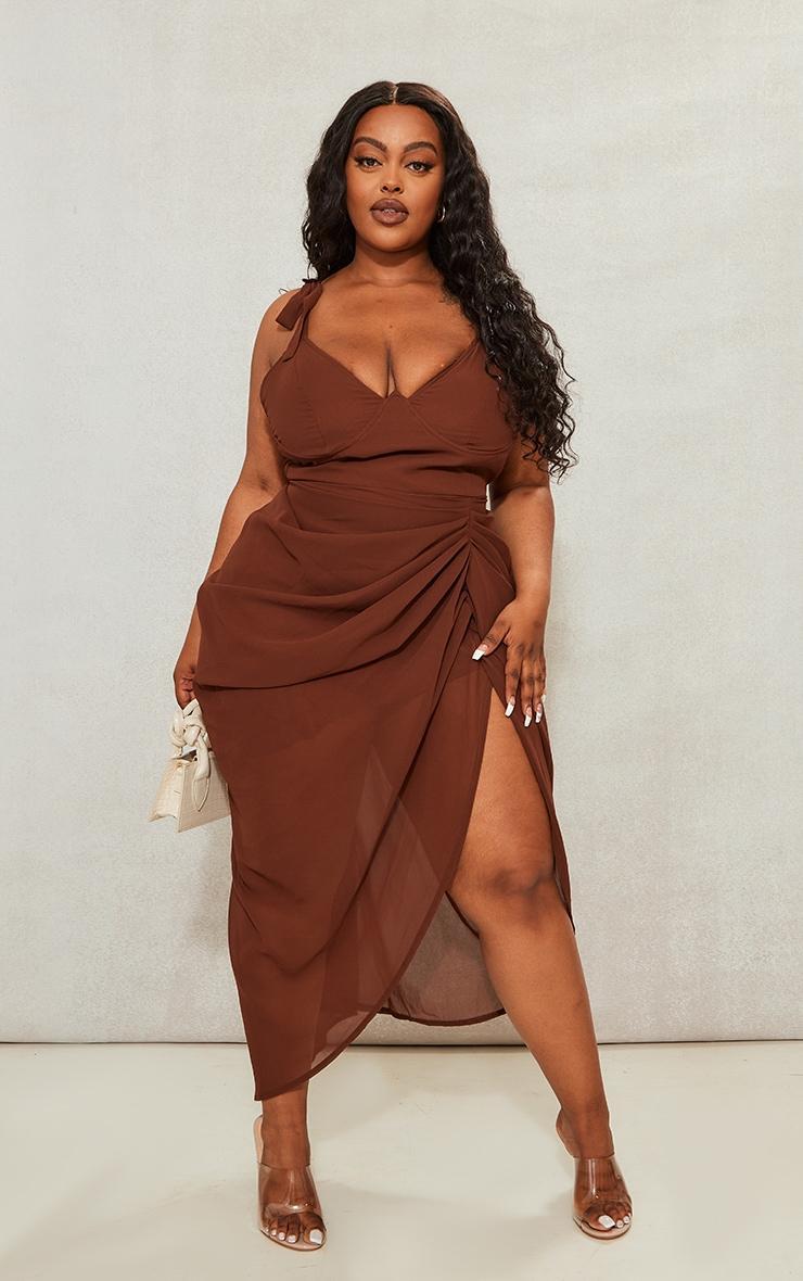 Plus Chocolate Underwire Detail Draped Midi Dress Product Image