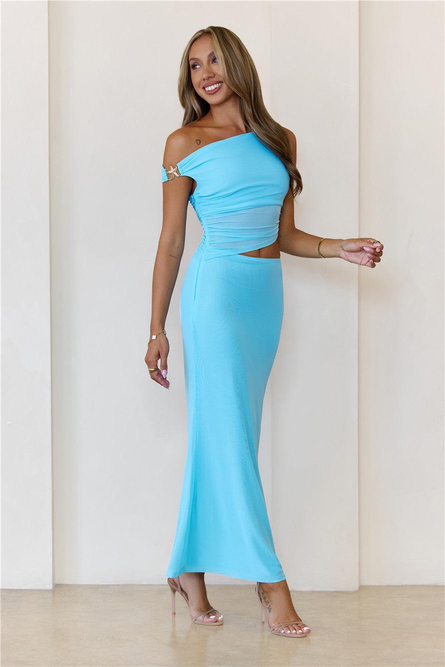 Shimmering Edge Off Shoulder Mesh Maxi Dress Blue Product Image