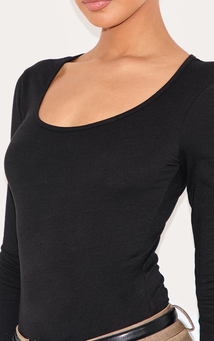 Basic Black Cotton Blend Scoop Neck Long Sleeve Bodysuit Product Image