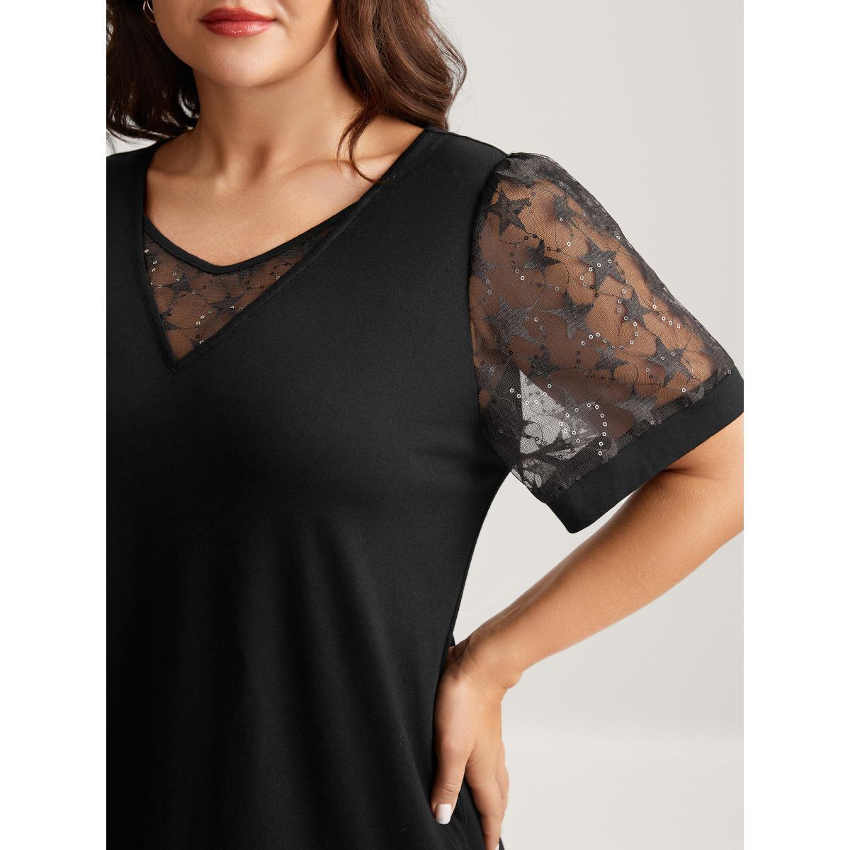 Plus Size Beaded Mesh Sheer Patchwork T-Shirt Black Women Gathered V-neck Everyday-Elegant T-shirts BloomChic 14-16/1X Product Image