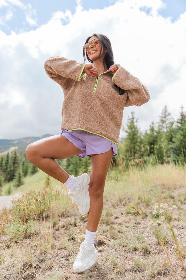 My Go To Taupe and Lime Sherpa Quarter Zip Hooded Pullover SALE Product Image