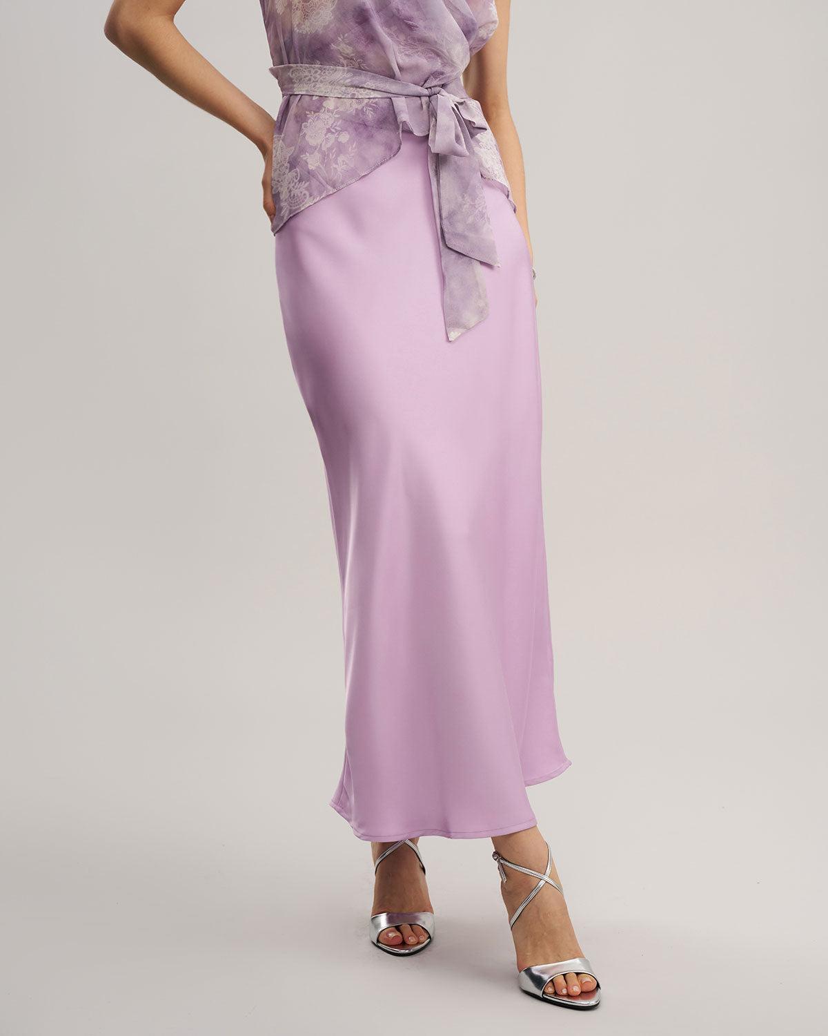 Purple Elastic Waist A-Line Midi Skirt Product Image