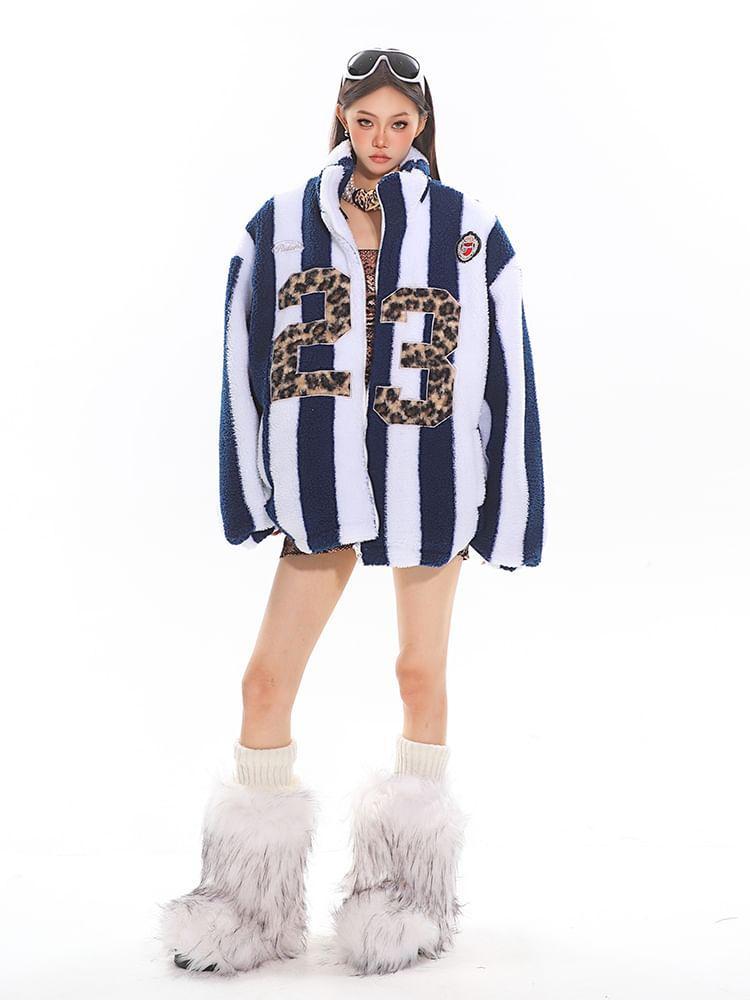 Stand Collar Numbering Applique Striped Fleece Zip Jacket Product Image