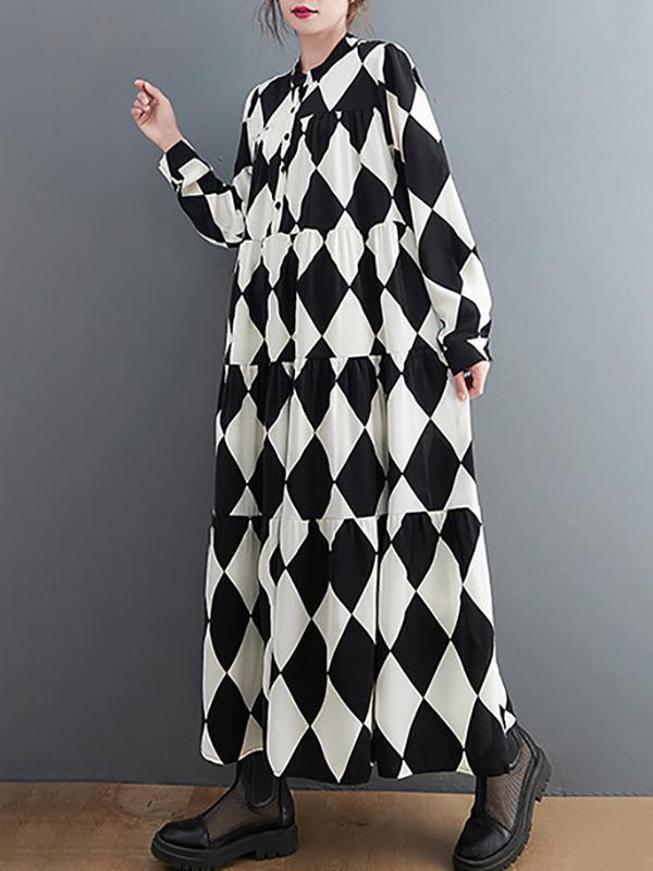 A-Line Long Sleeves Buttoned Plaid Polo Midi Dresses Product Image