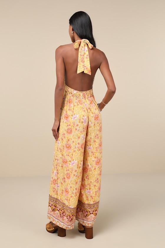 Blissful Presence Yellow Floral Crochet Lace Halter Jumpsuit Product Image