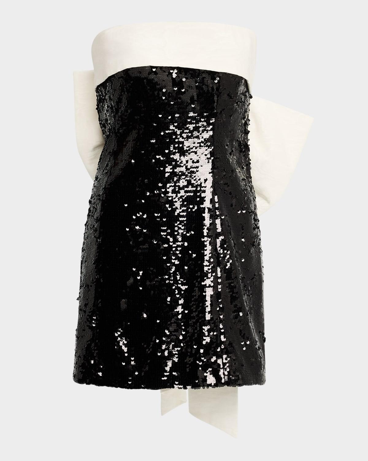 ALICE AND OLIVIA Sibella Sequined Strapless Draped Bow Back Mini Dress In Blackoff White Product Image