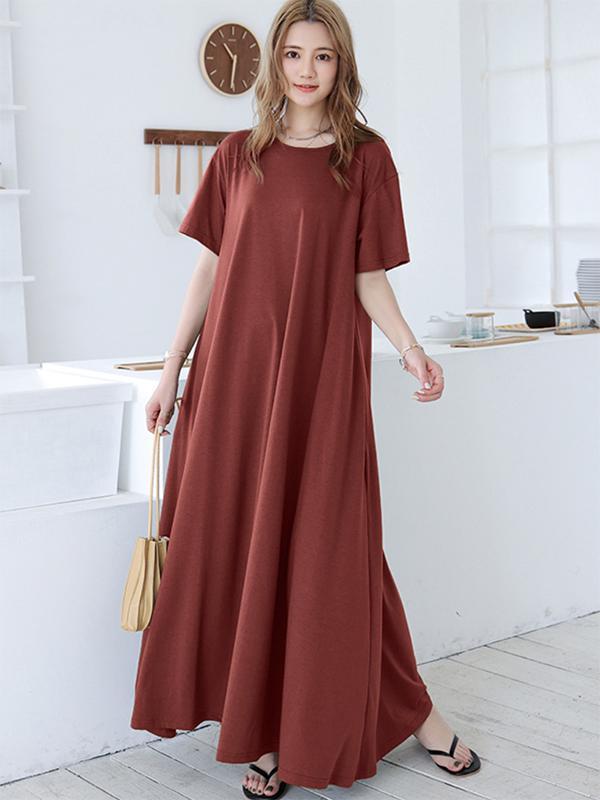 Simple Loose Short Sleeves Solid Color Round-Neck Maxi Dresses Product Image