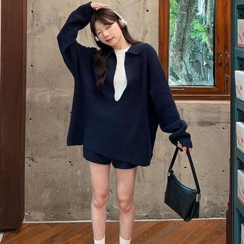 Set: Long-Sleeve Polo-Neck Plain Sweater + High Waist Shorts Product Image