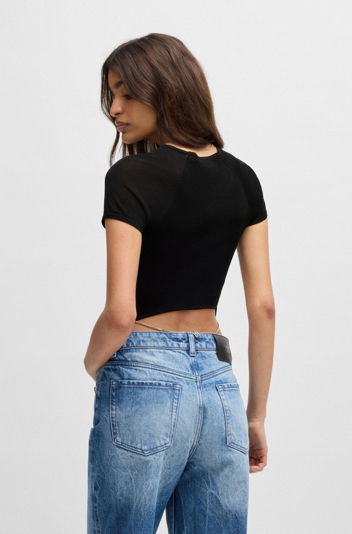 Rib-knit top with sheer panels and logo chain Product Image