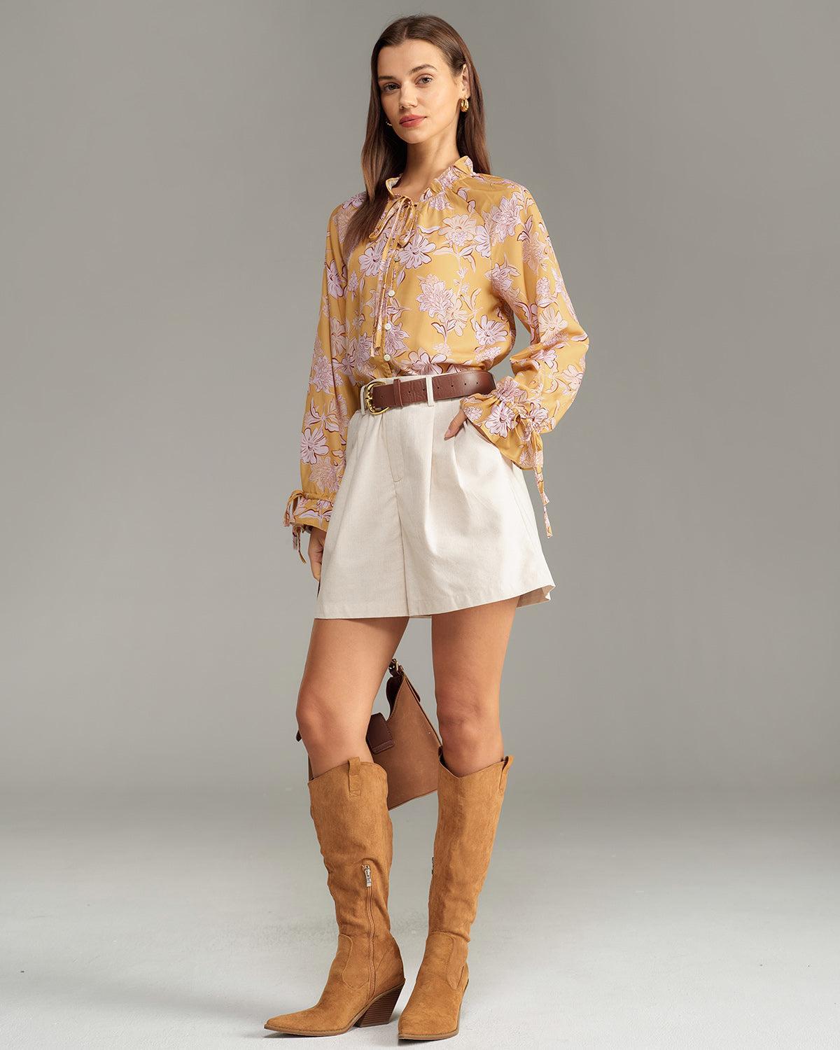 Yellow Floral Ruffle Bell Sleeve Shirt Product Image