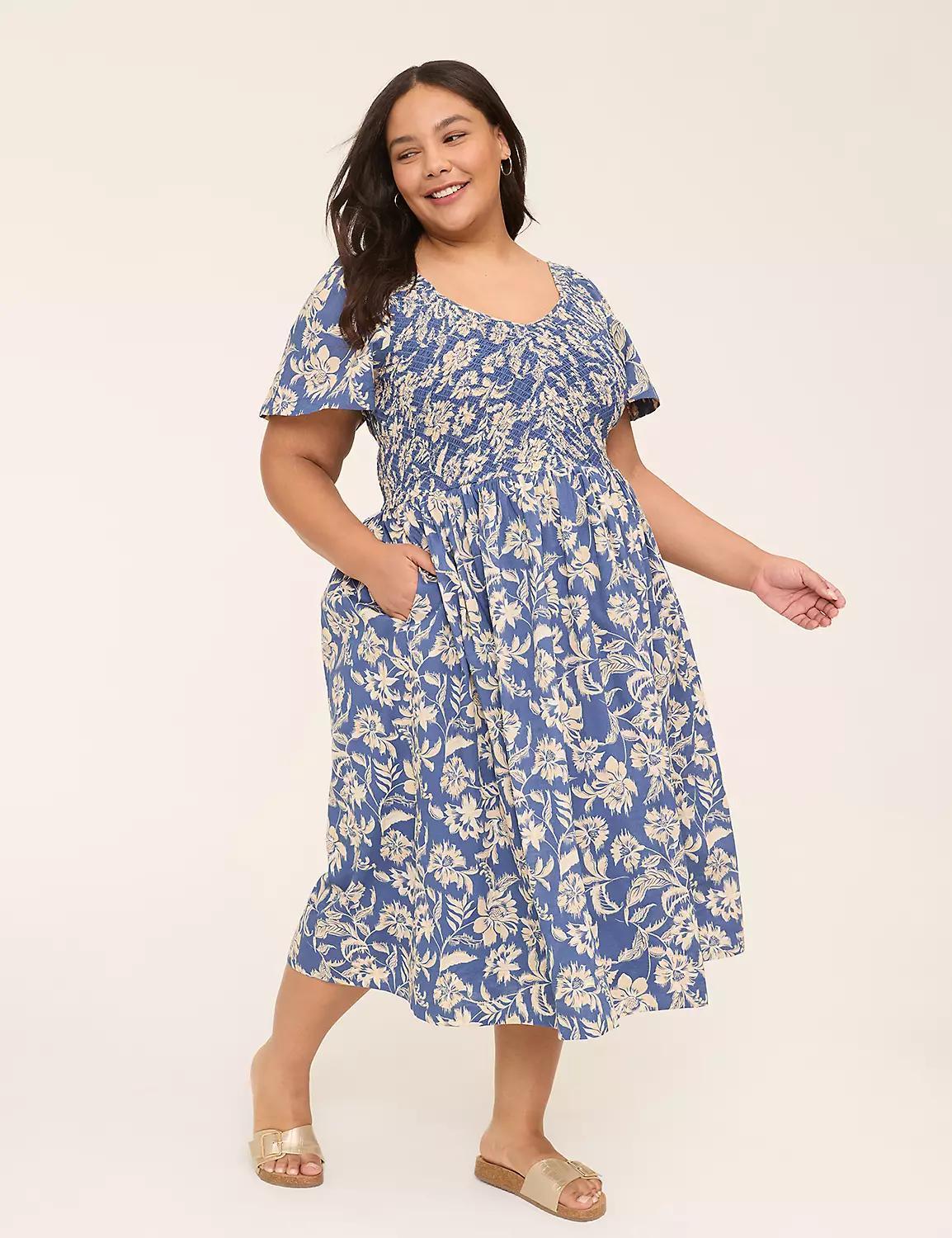 Smocked-Bodice Flutter-Sleeve Midi Dress Product Image