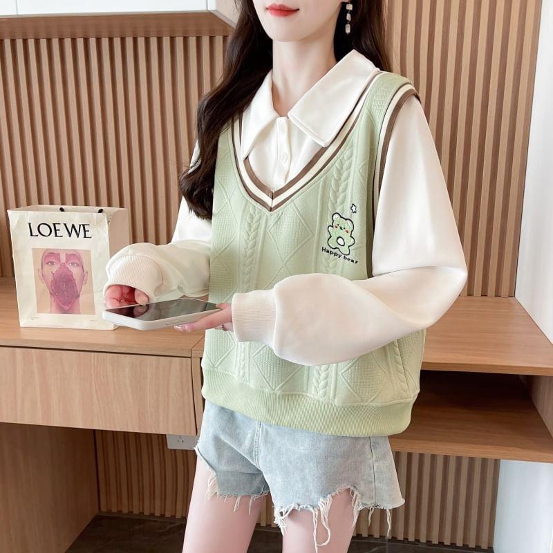 Collared Striped Bear Embroidered Mock Two Piece Button Pullover Product Image