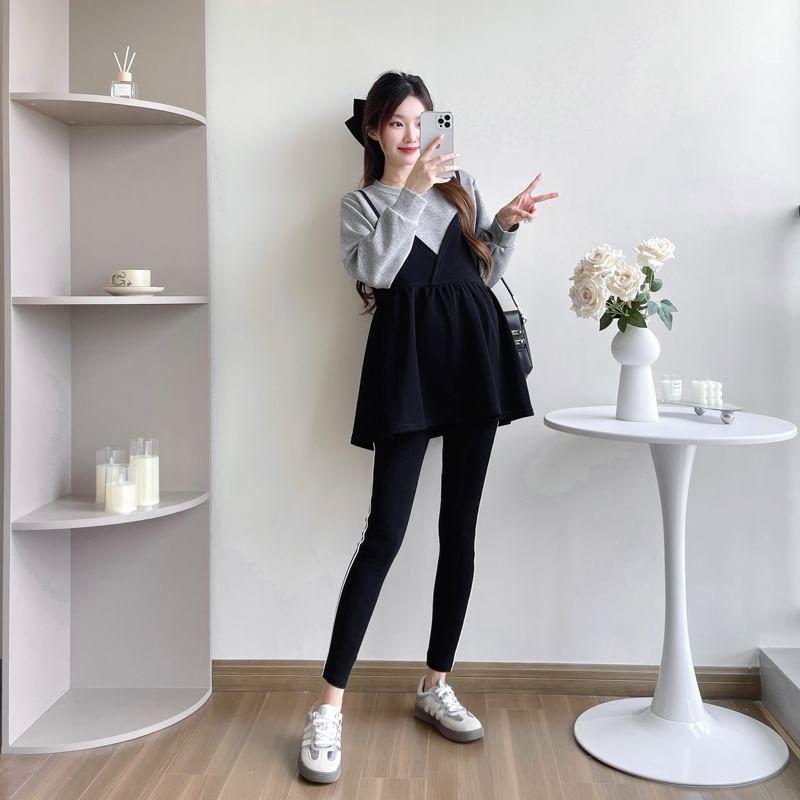 Maternity Mock Two-Piece Long-Sleeve Two Tone Blouse Product Image