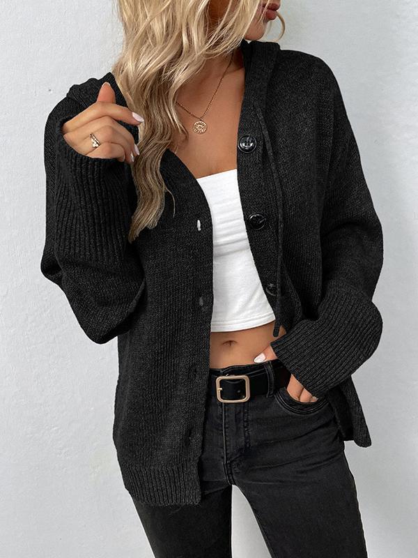 Wrap Buttoned Hooded Solid Color Cardigan Product Image