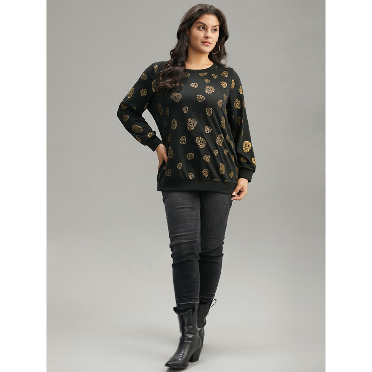Plus Size Halloween Glitter Skull Print Crew Neck Sweatshirt Women Black Casual Elastic cuffs Round Neck Festival-Halloween Sweatshirts BloomChic 14-16/1X Product Image