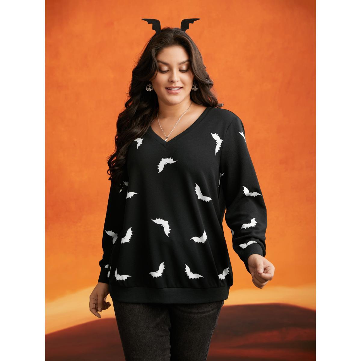 Plus Size Bat Print V-Neck Sweatshirt Women Black Casual Patchwork Loose V-neck Everyday Sweatshirts BloomChic 22-24/3X Product Image