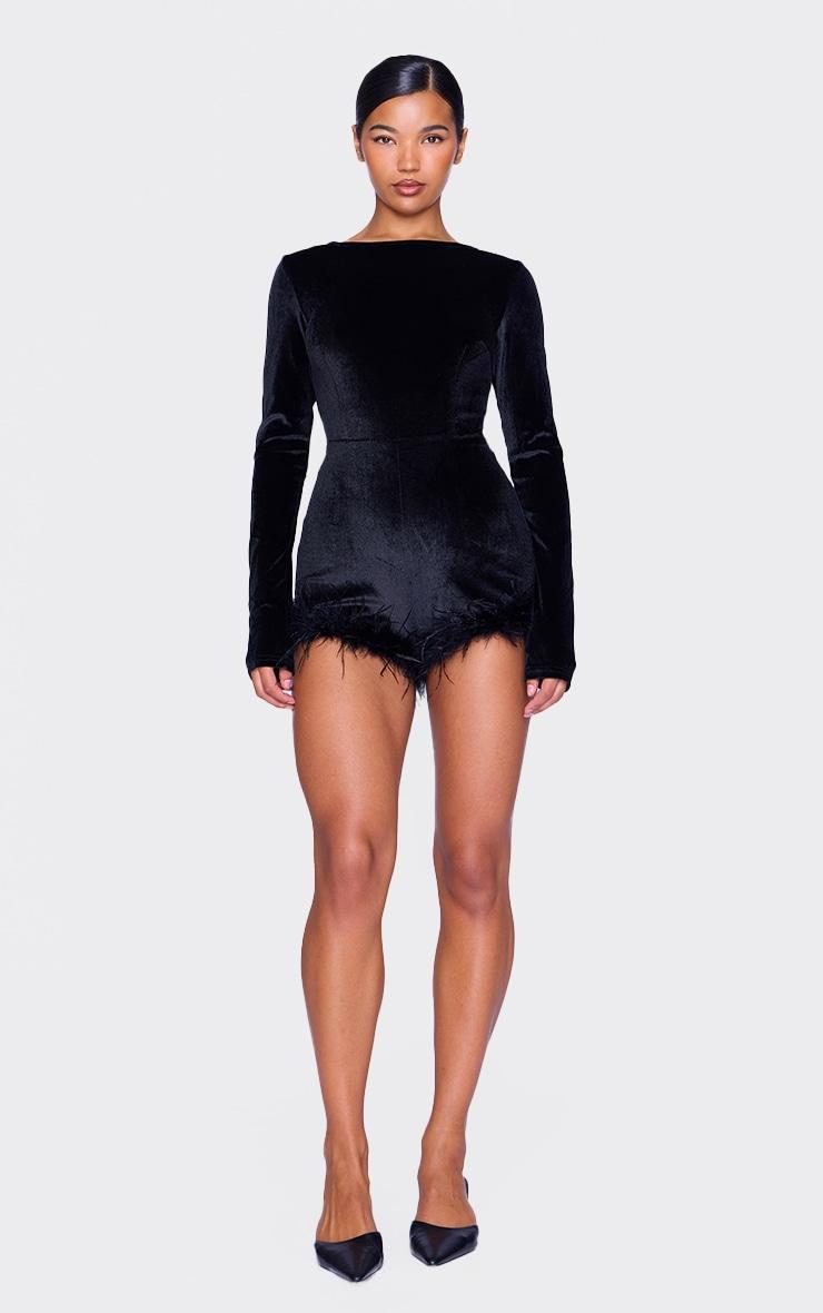 Black Velvet Long Sleeve Feather Trim Romper Product Image