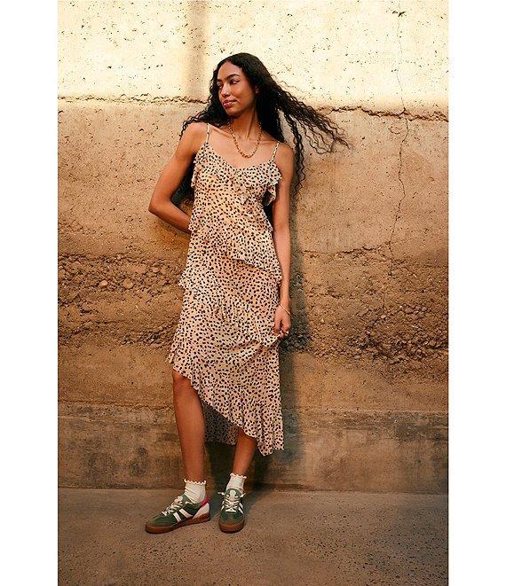 Steve Madden Aida Dotted Print V-Neck Sleeveles Ruffle Mesh Midi Dress Product Image