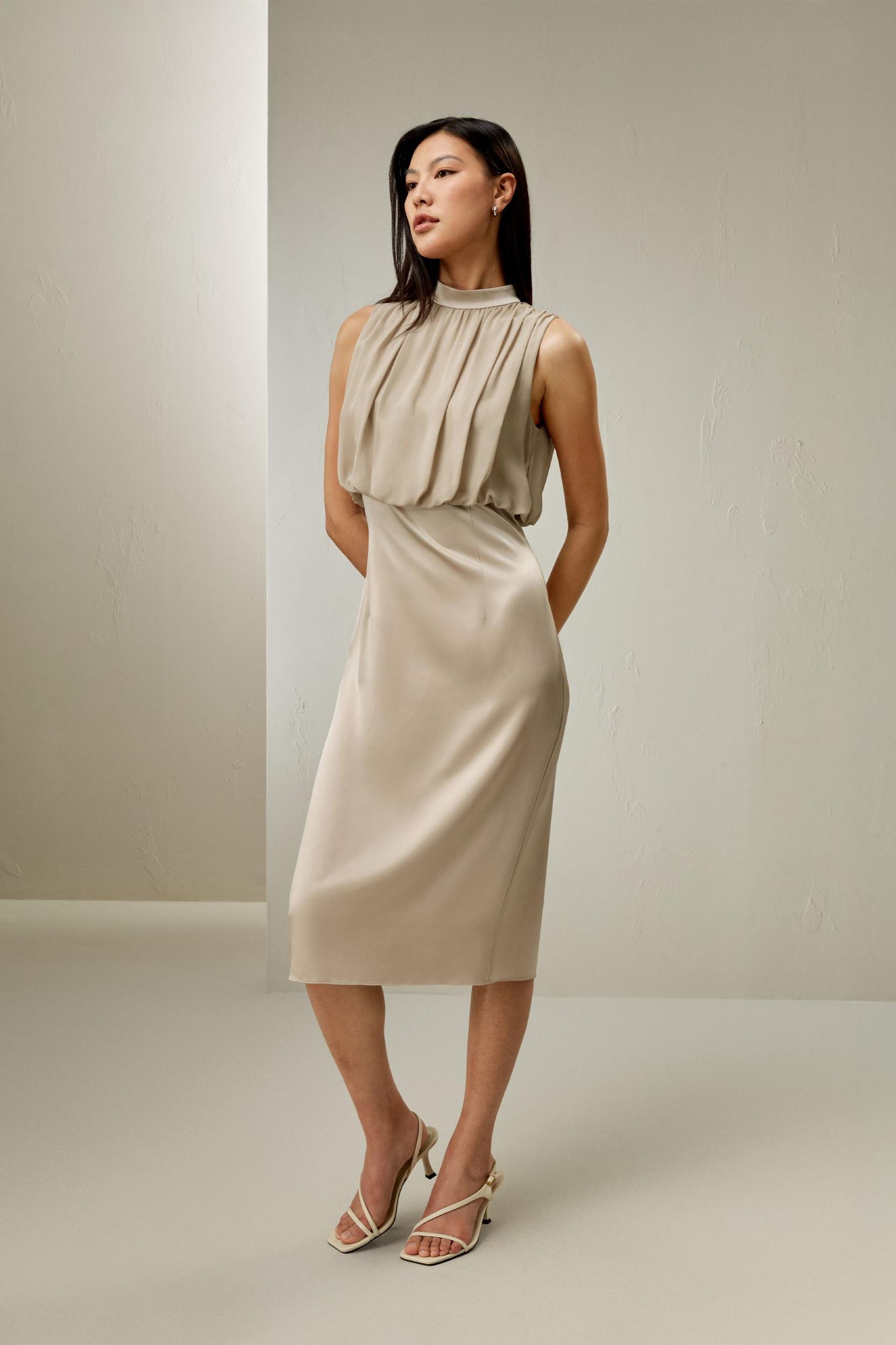 Pleated Sleeveless Midi Silk Dress Product Image