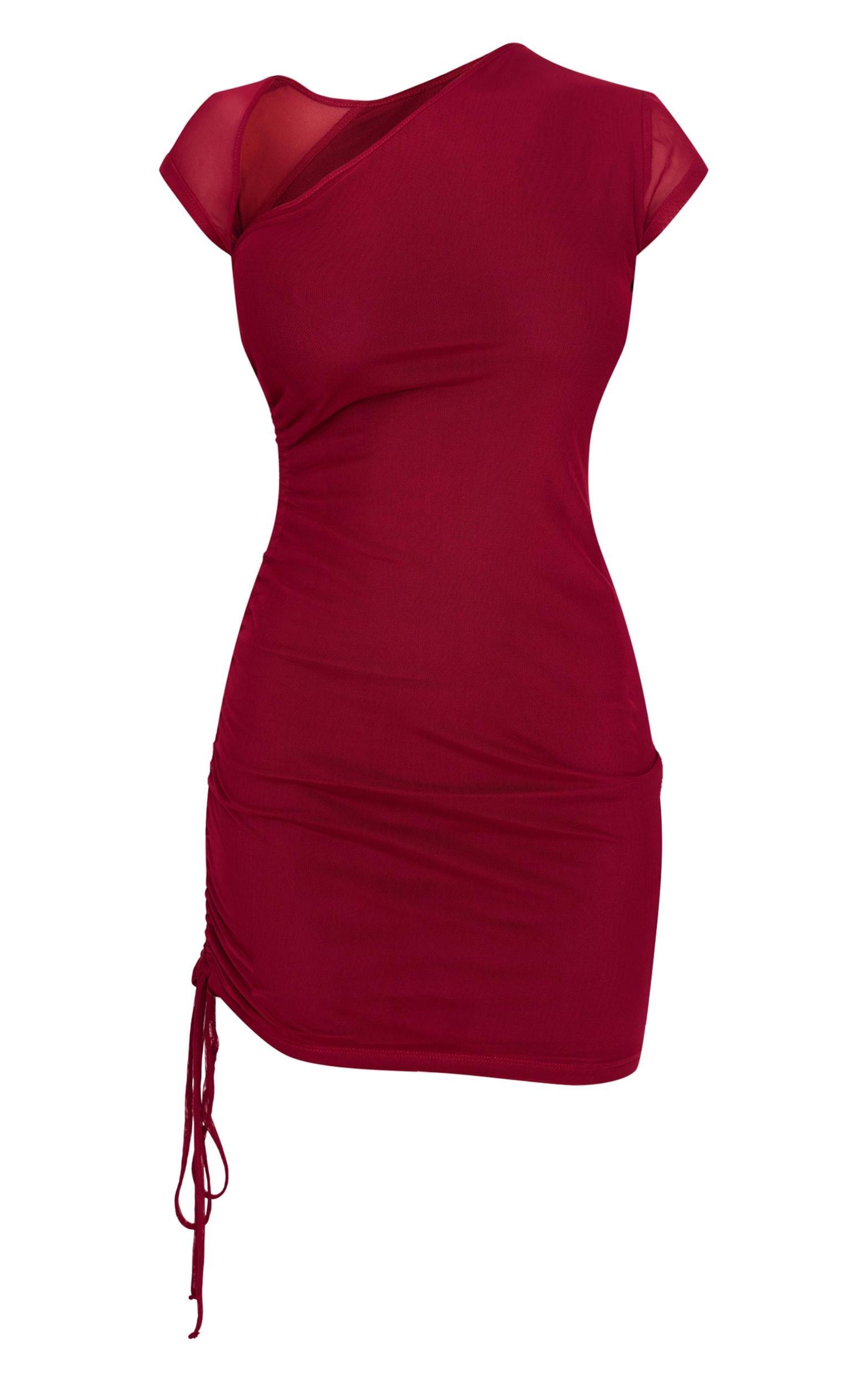  Burgundy Double Layered Mesh Ruched Mini Dress Product Image