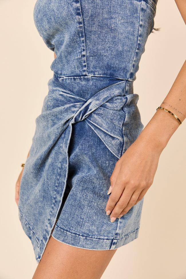 So You Say Strapless Denim Wrap Style Romper SALE Product Image