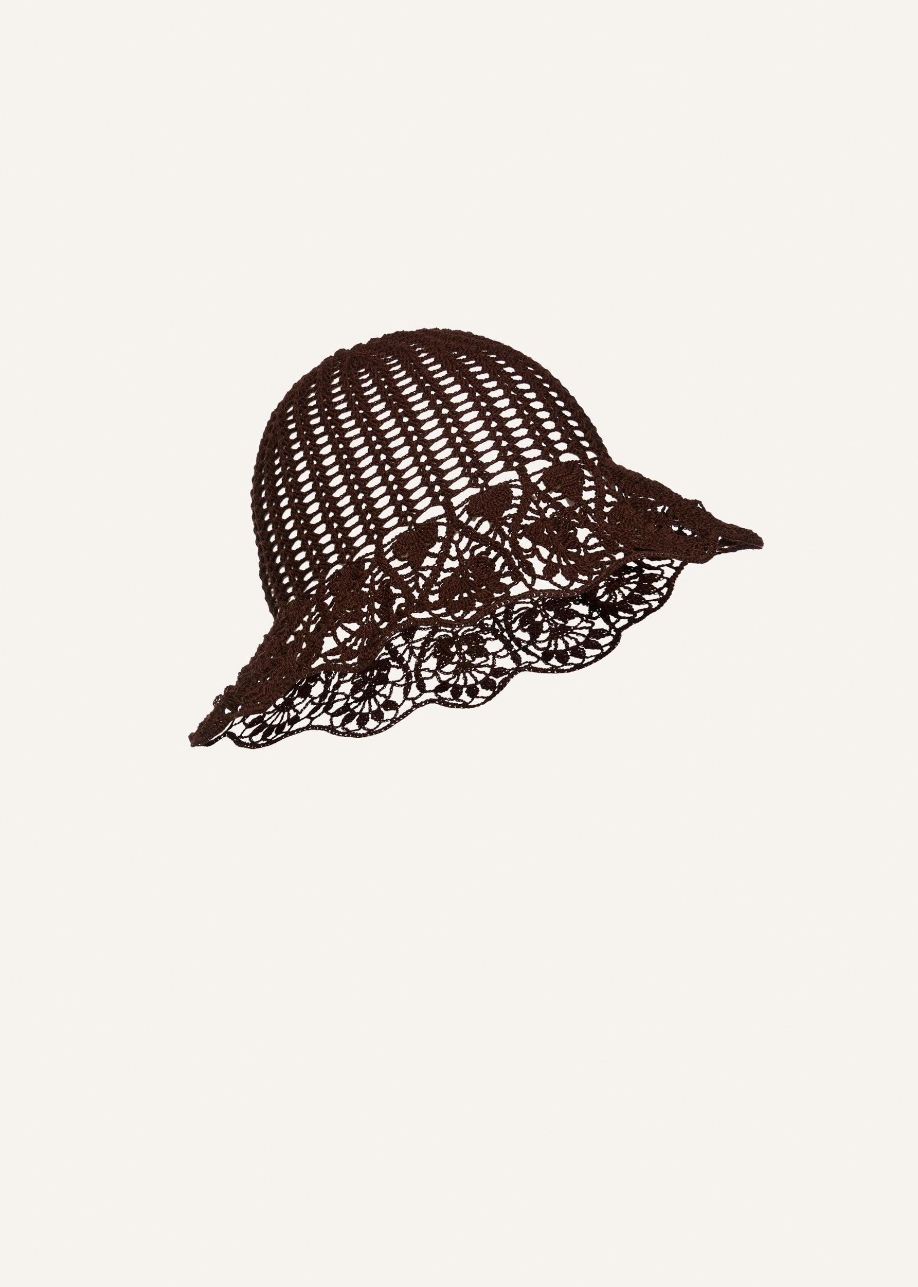 Lace crochet bucket hat in brown. Product Image