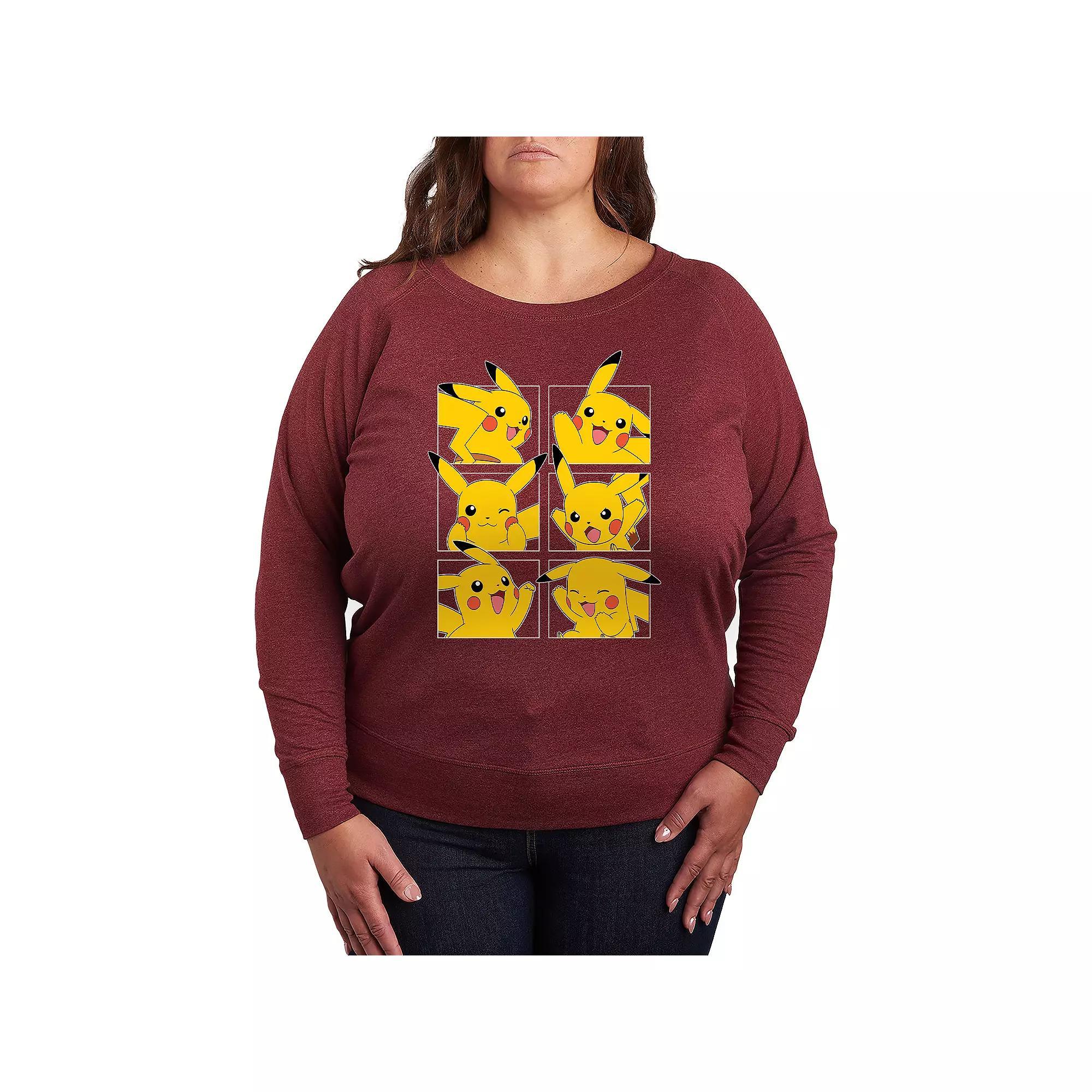 Plus Size Pokemon Pikachu Grid French Terry Long Sleeve Tee, Women's, Size: 4XL, Grey Dark Red Product Image