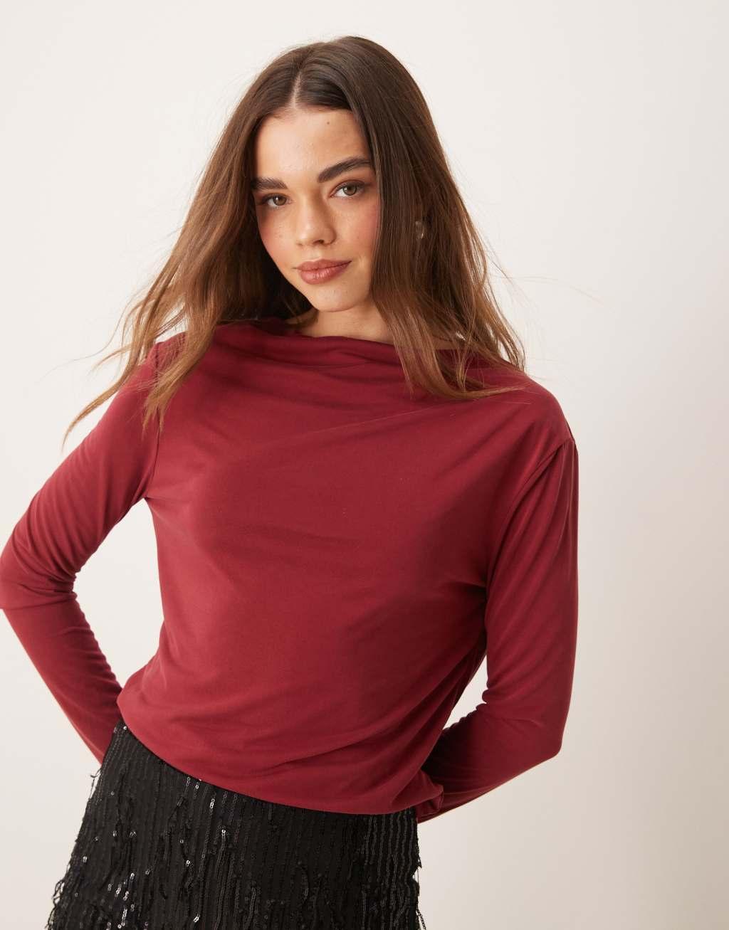 ASOS DESIGN long sleeve modal top with drape cowl back detail in burgundy Product Image