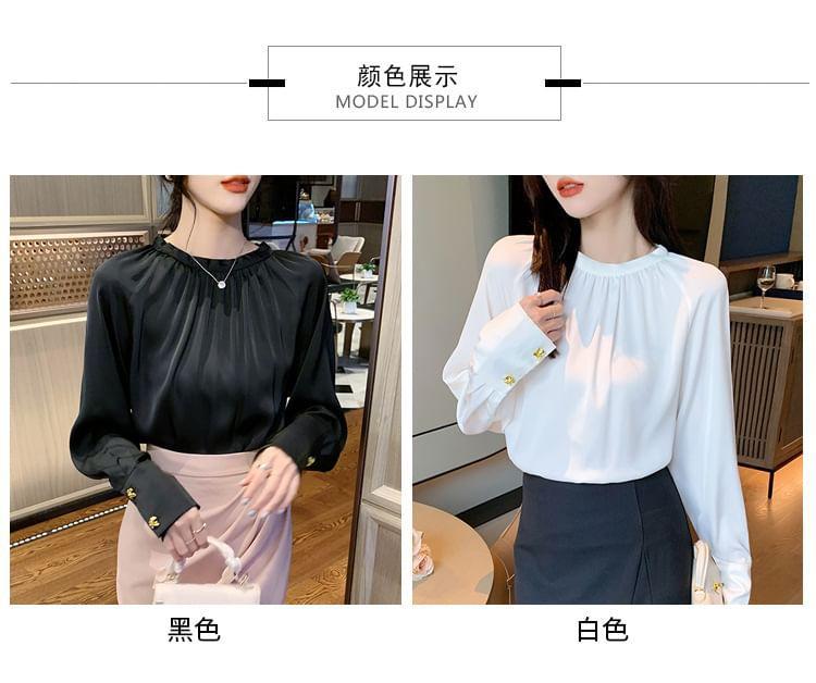 Long Sleeve Round Neck Plain Ruched Blouse Product Image