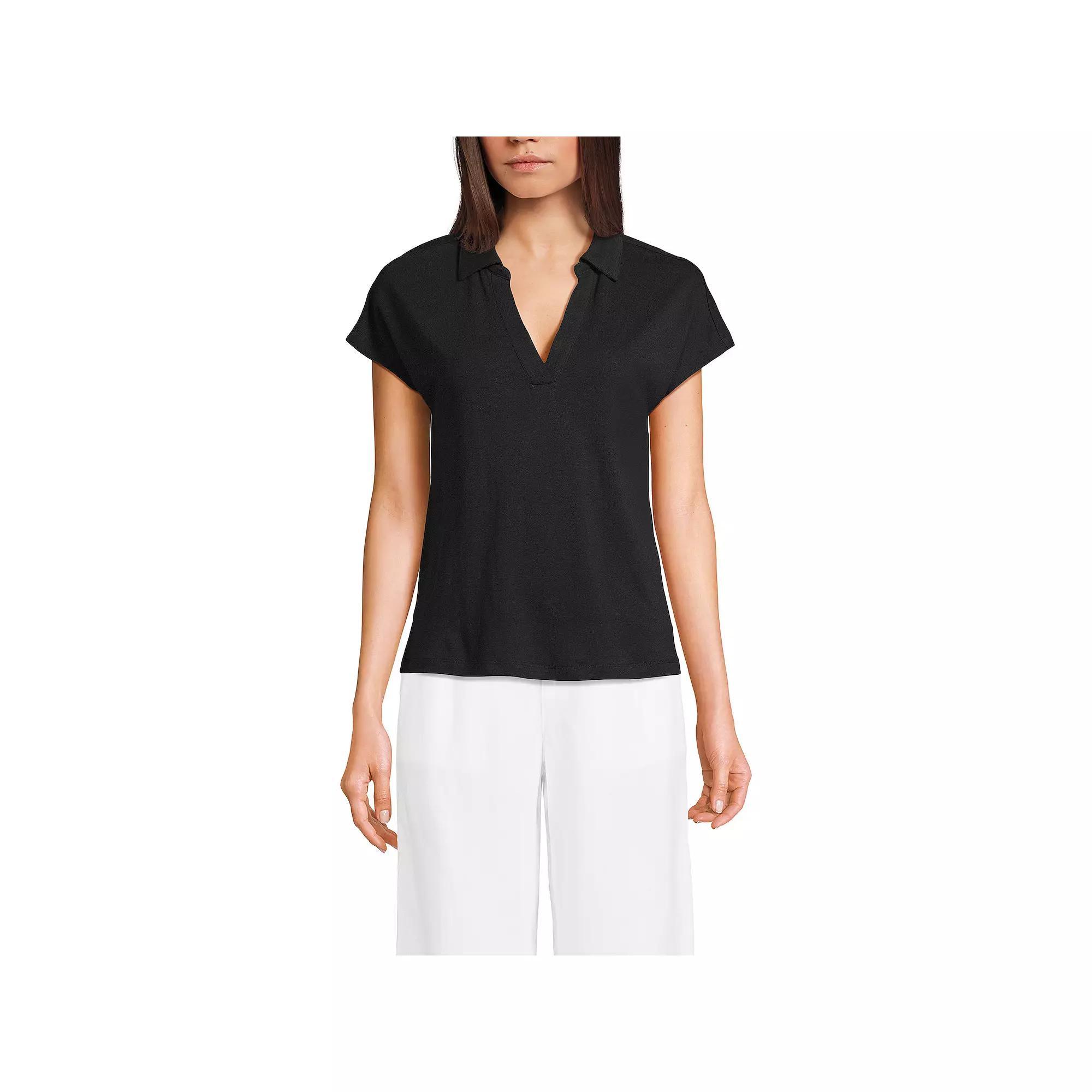 Women's Lands' End Linen Blend Johnny Collar Polo Shirt, Size: Medium, Black Product Image