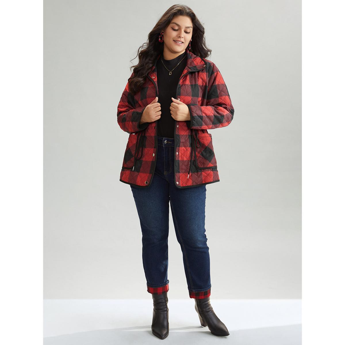 Plus Size Plaid Contrast Trim Drawstring Button Through Coat Women Red Casual Lined Ladies Dailywear Winter Coats BloomChic 10/M Product Image