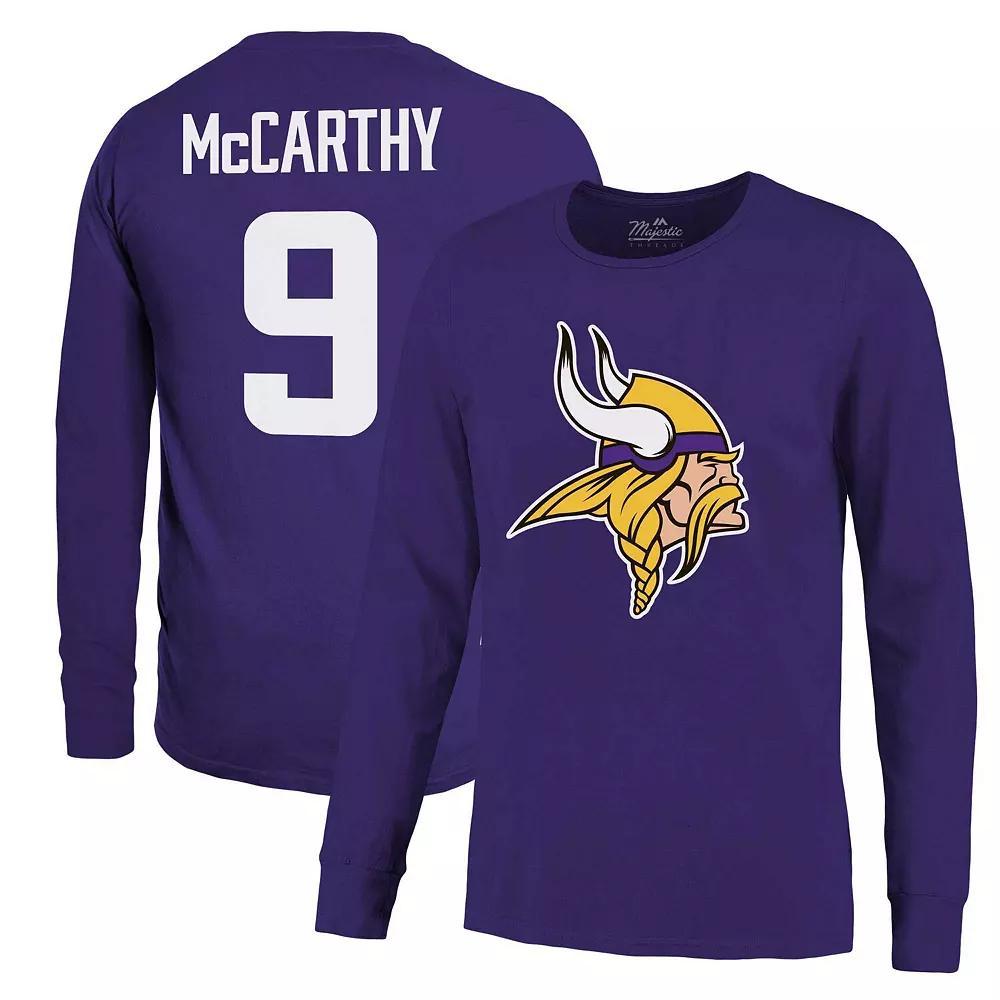 Men's Majestic Threads J.J. McCarthy Purple Minnesota Vikings Name & Number Long Sleeve T-Shirt,  Product Image