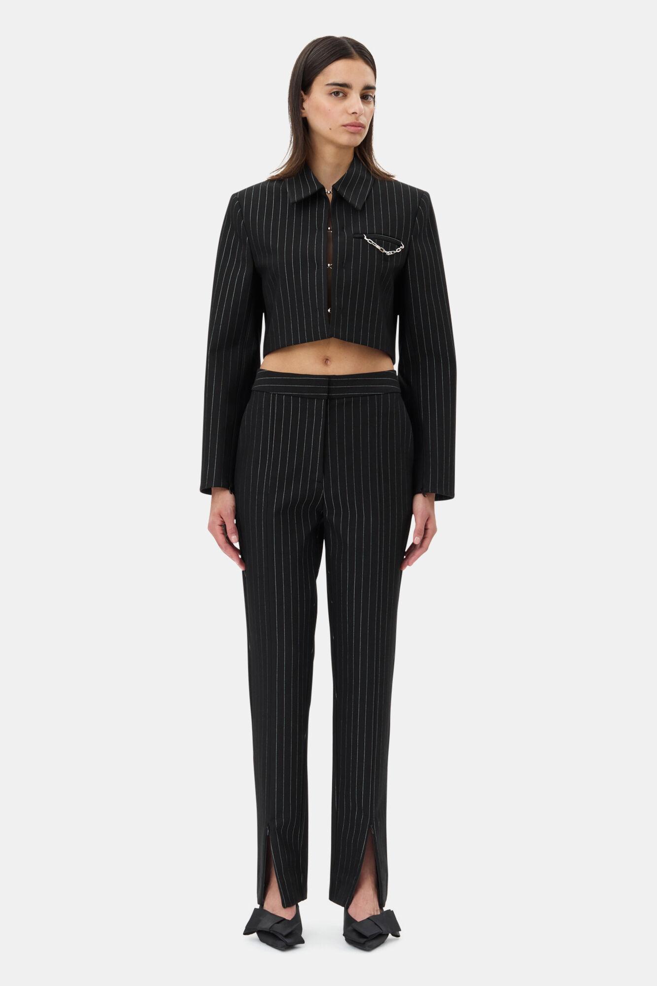 Black Pinstriped Cropped Blazer Product Image