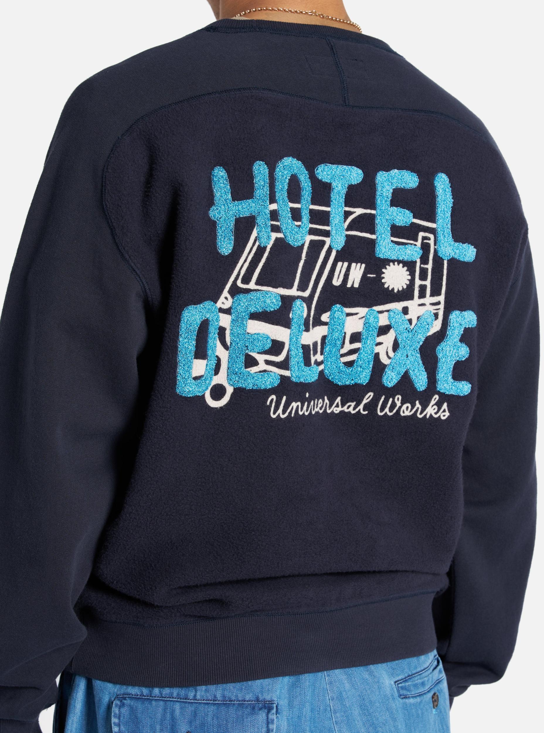 Universal Works Crew Sweat in Navy 'Hotel Deluxe' Embroidered Brush Back Product Image