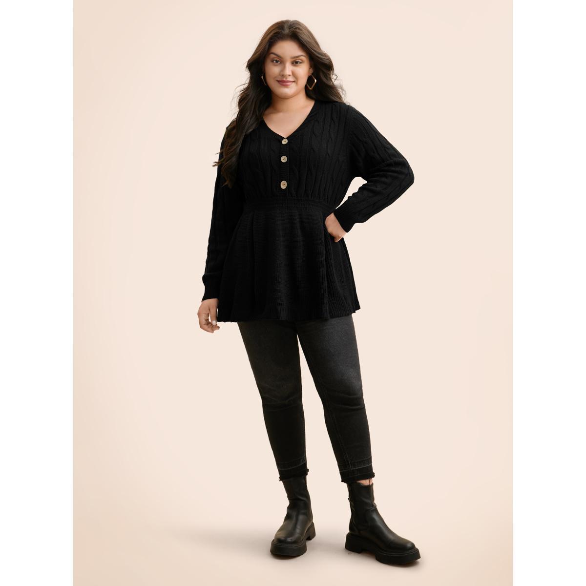 Plus Size Texture Cable Knit Button Detail Pullover Black Women Casual Long Sleeve V-neck Everyday Pullovers BloomChic 10/M Product Image