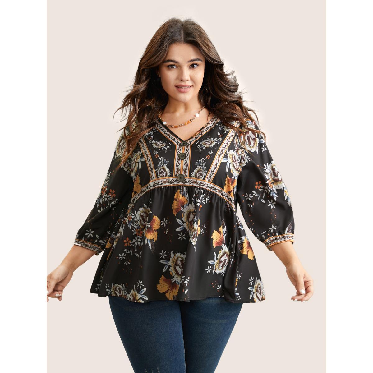 Plus Size Black Boho Print V Neck Button Detail Gathered Blouse Women Vacation Elbow-length sleeve V-neck Vacation Blouses BloomChic 30/6X Product Image