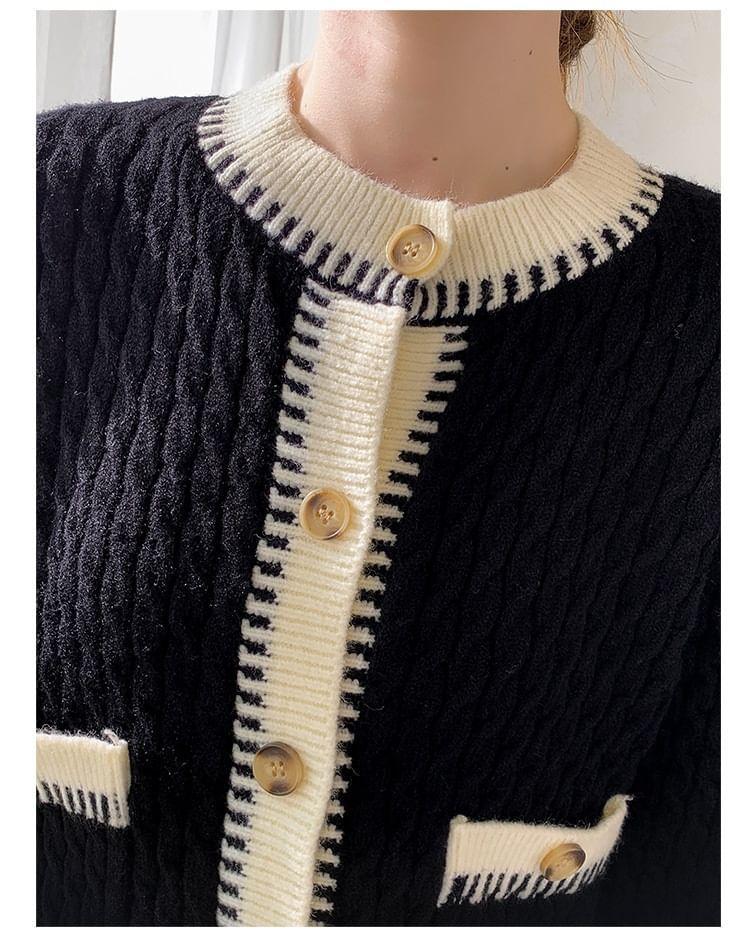 Crew Neck Contrast Trim Cable Knit Button-Up Cardigan Product Image