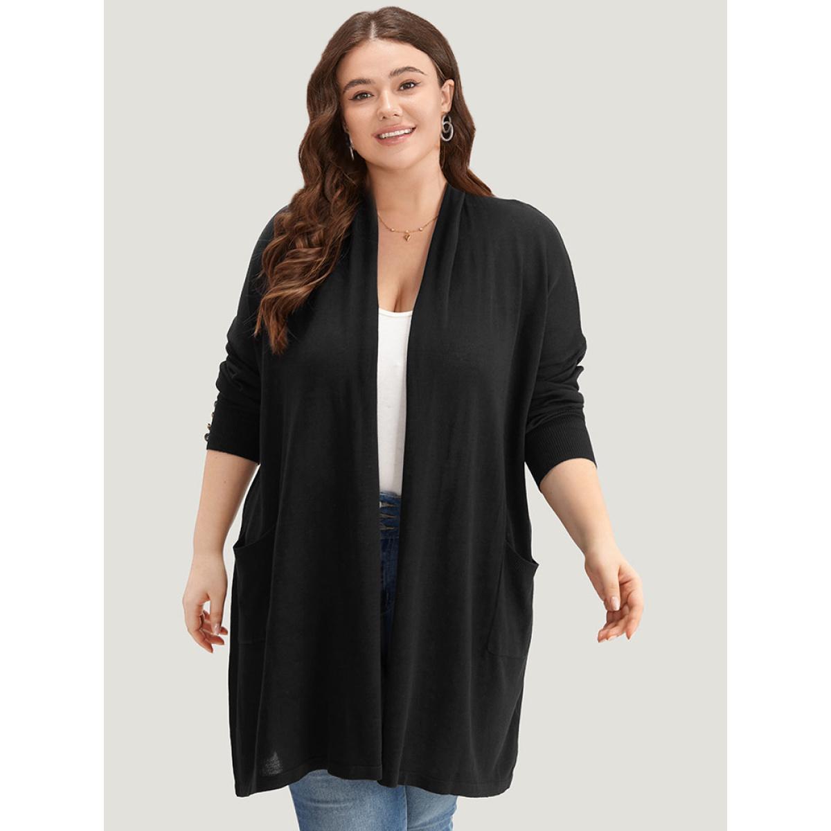 Plus Size Supersoft Essentials Button Detail Lapel Collar Cardigan Black Women Basics Loose Long Sleeve Everyday Cardigans BloomChic 30/6X Product Image