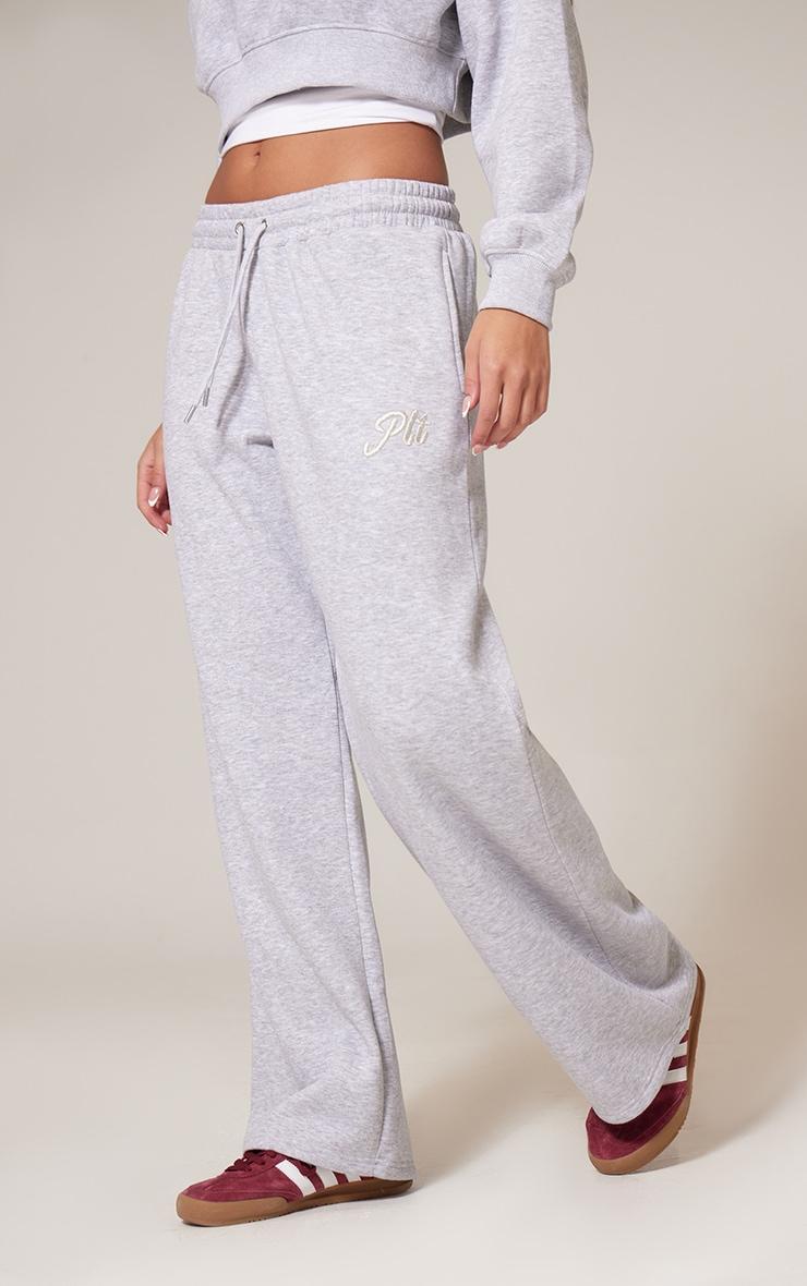 PRETTYLITTLETHING Grey Marl Tonal Embroidered Wide Leg Sweatpant Product Image