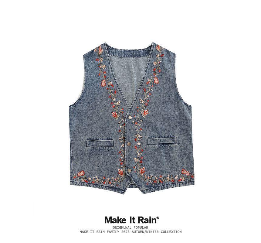 V-Neck Floral Embroidered Button Denim Vest Product Image