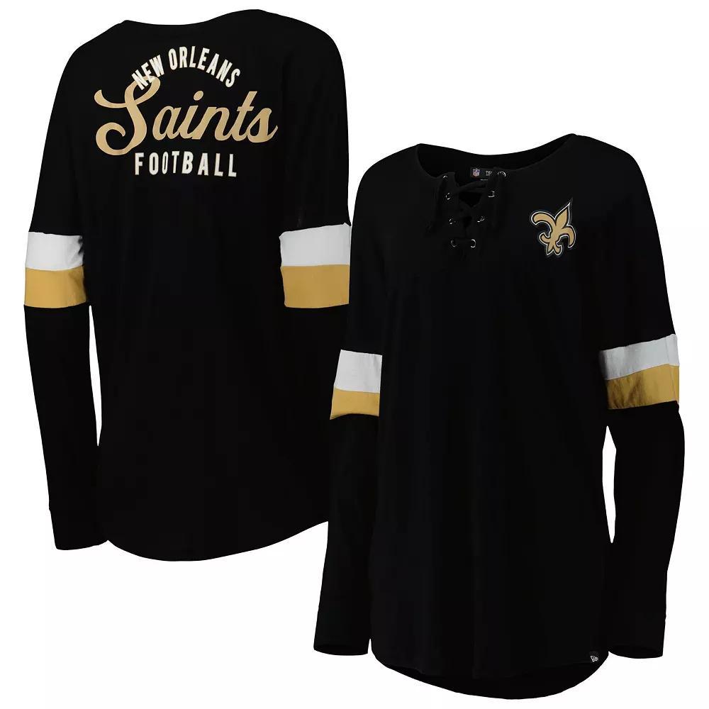 Women's New Era Black New Orleans Saints Athletic Varsity Lightweight Lace-Up Long Sleeve T-Shirt,  Product Image