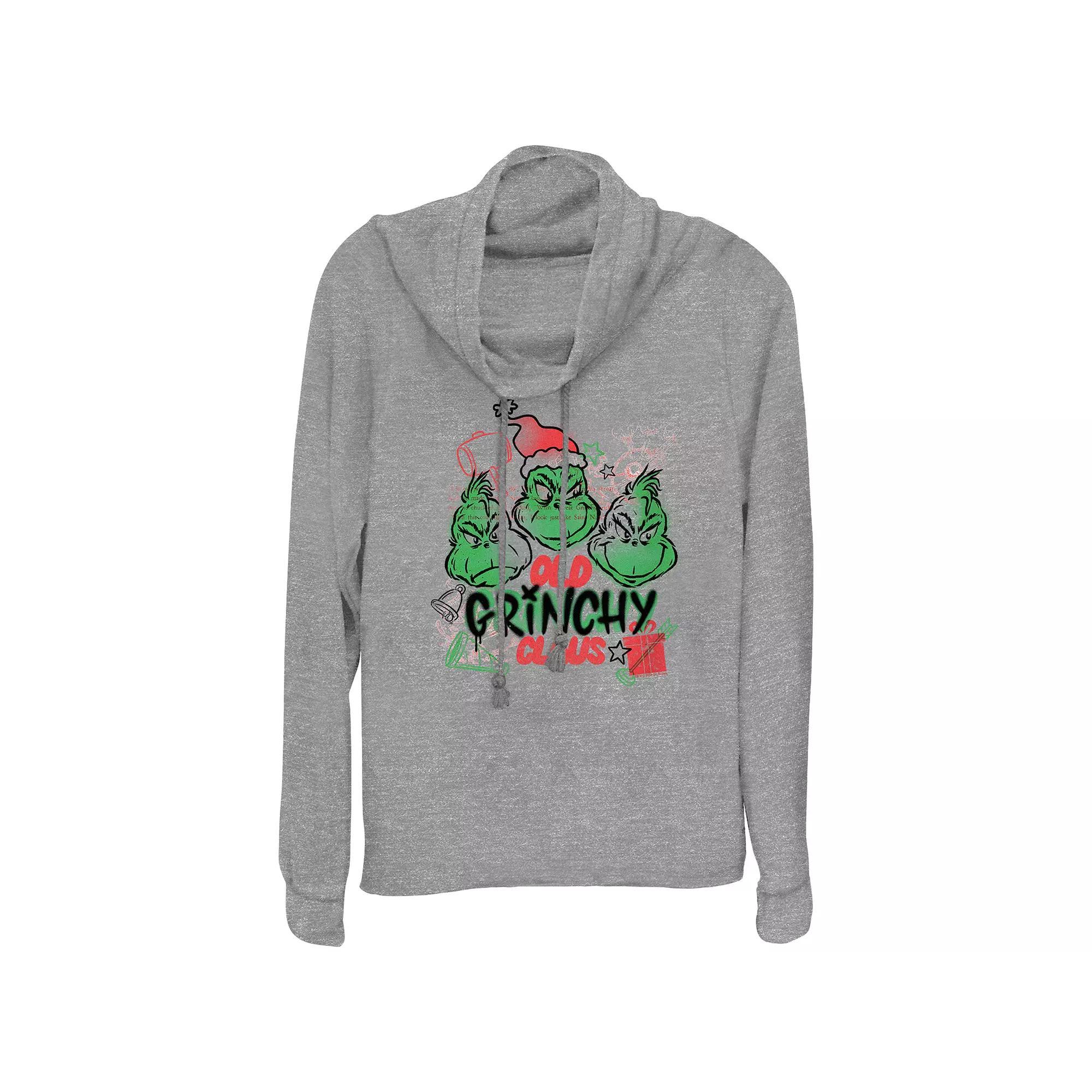 Women's Dr. Seuss Old Grinchy Claus Cowlneck Graphic Lightweight Long Sleeve, Size: XL, Gray Grey Product Image