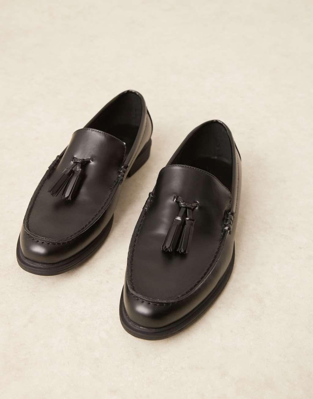 ASOS DESIGN faux leather tassel loafers in black Product Image