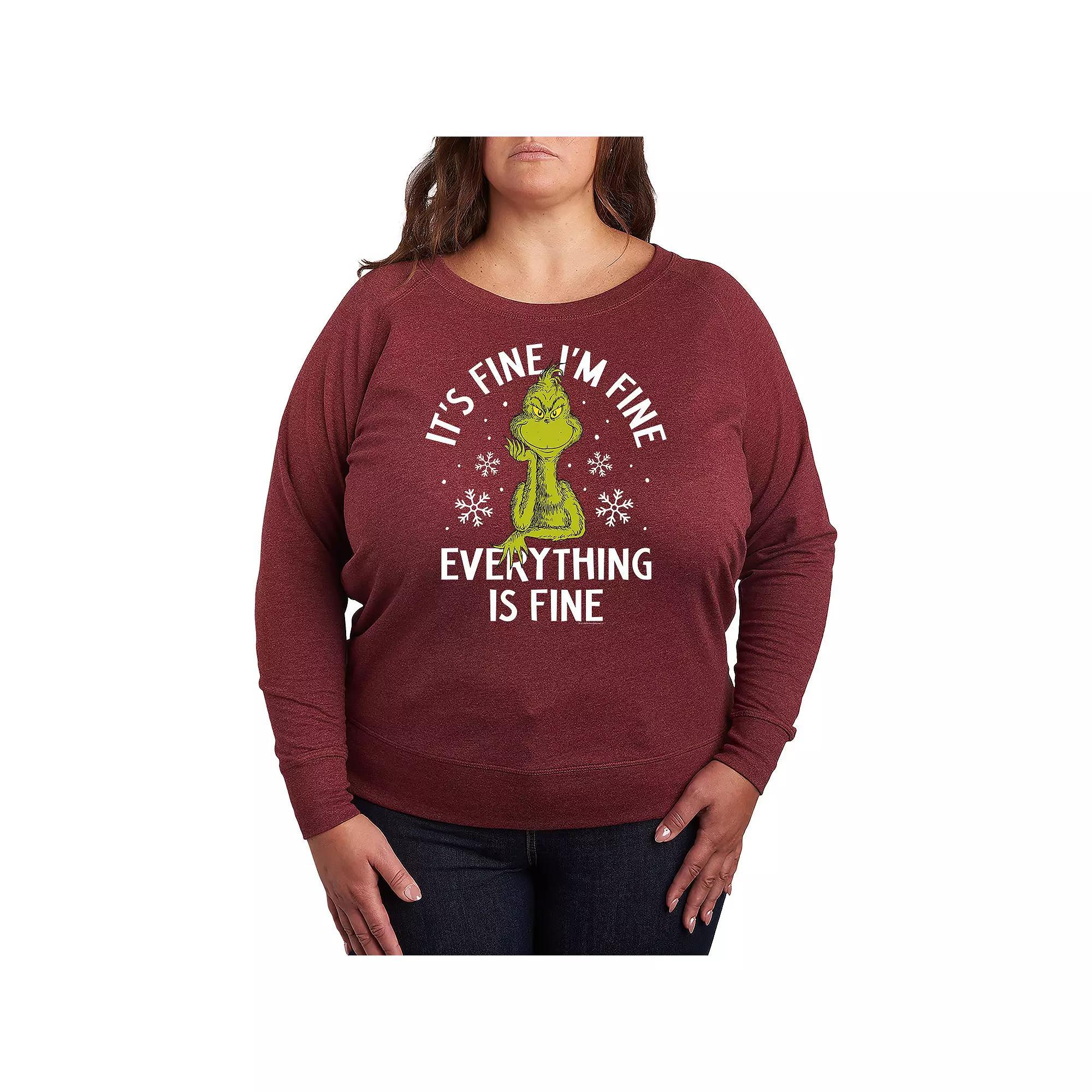 Plus Size Dr. Seuss Grinch It's Fine I'm Fine French Terry Long Sleeve Tee, Women's, Size: 4XL, Grey Dark Red Product Image